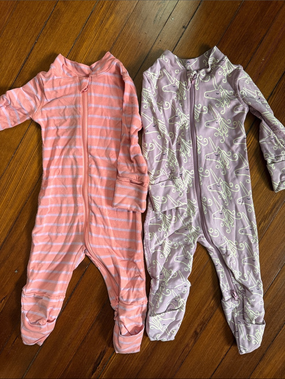 Hanna Andersson Footed Zip Sleepers — Coral Stripe & Unicorn Bundle (2 pieces)